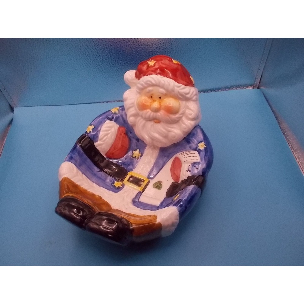 Ceramic Blue Santa Claus Candy Dish Star Pattern Christmas Trinket Bowl 8.5"